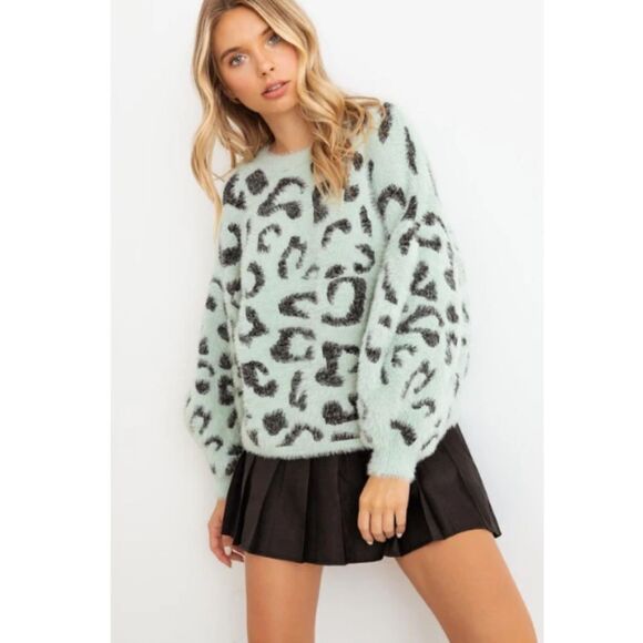 Cherish Sweaters - Mint Animal Print Fuzzy Knit Sweater